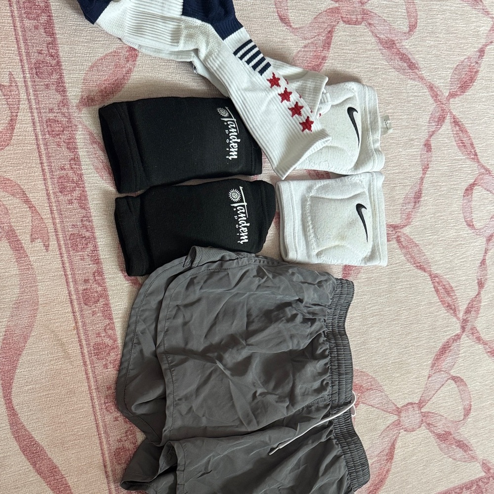 VOLLEYBALL GEAR-  Nike Gray Shorts with White Socks and Black Wristbands